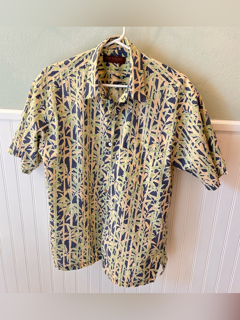 Tori Richard Men's Hawaiian Shirt Bamboo Print Blue & Green 100 Cotton M